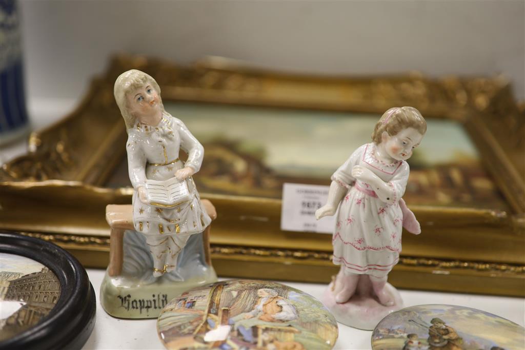 A collection of eleven Pratt pot lids, two Continental porcelain figures and a coronation mug